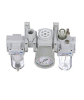 Dual Air System One Quarter Inch NPT With Air Filter Regulator Lubricator front view with gauge and poly bowls