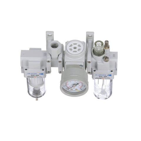 Dual Air System One Quarter Inch NPT With Air Filter Regulator Lubricator front view with gauge and poly bowls