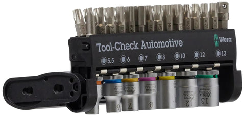 Automotive 1 Bit Socket And Ratchet Set With Quick Change Drive Compact Tool Kit with assorted bits and sockets.