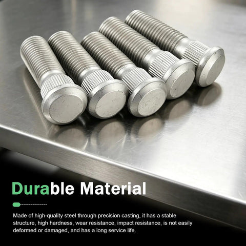 Heavy Duty Rock Solid Wheel Studs M12 By 1.5 Thread 49 Millimeter Long Steel Lug Bolts Rustproof OEM replacement auto parts on metallic surface.