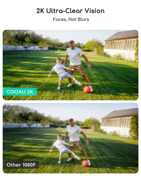 Comparison of COOA2K and 1080P clarity; outside play with Solar Powered Wireless Outdoor Security Camera With 2K 360 Degree View Color Night Vision AI Smart Detection Low Light Performance Rechargeable Battery IP66 Weatherproof Easy Install Alexa Compatible