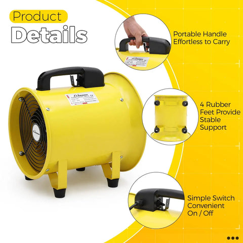 8 Inch Industrial Air Mover Blower With Up To 1893 CFM 380W shown with handle, rubber feet, and on/off switch details.