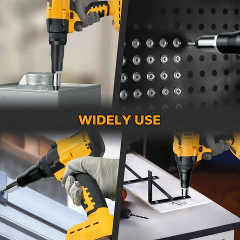 Brushless Cordless Rivet Gun Compatible With Dewalt 20V Max used for fastening on sheet metal, aluminum, and multiple surfaces.