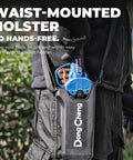 Waist-mounted holster for cordless electric pruning shears with secured tool and adjustable strap for hands-free gardening.