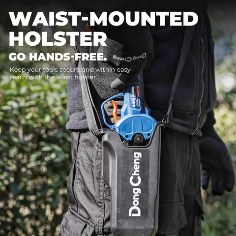 Waist-mounted holster for cordless electric pruning shears with secured tool and adjustable strap for hands-free gardening.