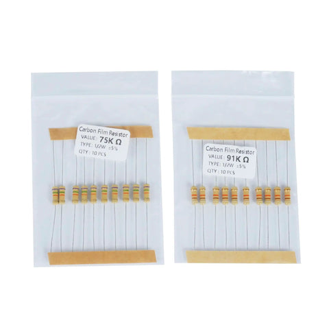 Ultimate Resistor Kit Starter Pack with 1500 Carbon Film Resistors in labeled bags, showing 75k ohm and 91k ohm values.