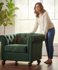 Heavy Duty 1.5 Inch Ball Casters With Secure Lock Brake Furniture Movers Set Of 4 on a green tufted chair for easy mobility.