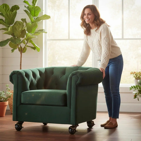 Heavy Duty 1.5 Inch Ball Casters With Secure Lock Brake Furniture Movers Set Of 4 on a green tufted chair for easy mobility.
