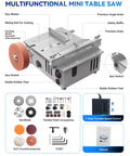 Mini Table Saw For Crafts, Portable Multifunction Table Saw With Adjustable Cutting Angle, showing components and accessories