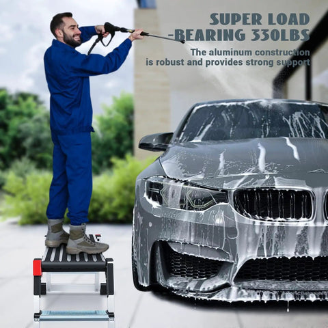 Aluminum Work Platform Step Ladder 36 Inch By 12 Inch By 18 Inch Non Slip Foldable With Rust Resistant Build Red Safety Steel Locks Durable Pro Grade Gear For Home Garage And Job Sites. Man washing car on platform step ladder