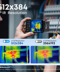 Dope Thermal Imaging Camera For iOS And Android With 8mm Macro Lens Manual Focus showing 512x384 IR resolution on a phone screen.