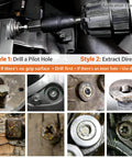 13 Piece Screw Extractor Set Multi Spline Easy Out Bolt Extractor Kit in use for removing broken and stripped bolts and screws