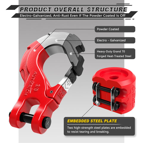 Beefy Three Eighths Inch Clevis Slip Hook With Safety Latch Heavy Duty Winch Hook Stopper Grade Seventy Forged Steel Up to Thirty Nine Thousand Six Hundred Pounds Fits Winch Ropes For ATV UTV Off Road Vehicles Red shown with embedded steel plates and electro-galvanized finish.