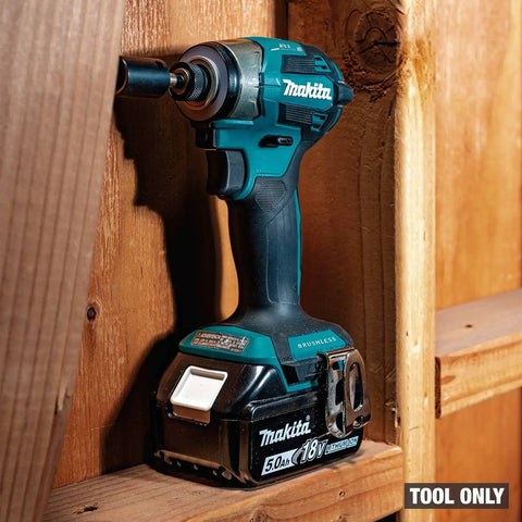 No-Bull 18 Volt Cordless Impact Driver Built Around A Brushless Motor And Four Speed Quick Shift Mode Delivering Up To Three Thousand Six Hundred Rpm For Nitty Gritty Fastening Work As A Raw Bare Tool Setup on wooden background showing detail.