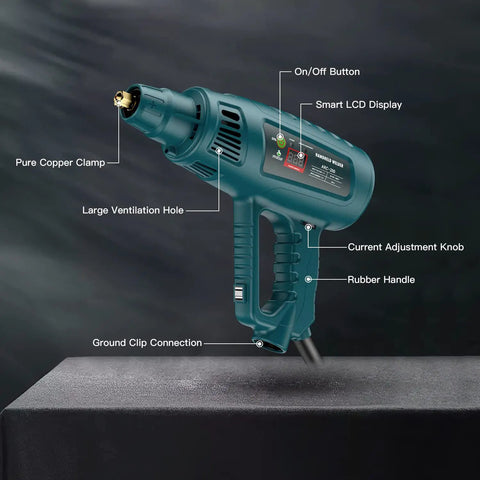 Close-up of Portable 110V Welding Machine Kit With IGBT Inverter Arc Welder, showing MMA gun and controls