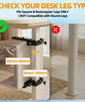 Heavy Duty Under Desk PC Mount No Drill Table Clamp showing compatibility with square legs, dimensions labeled for installation.