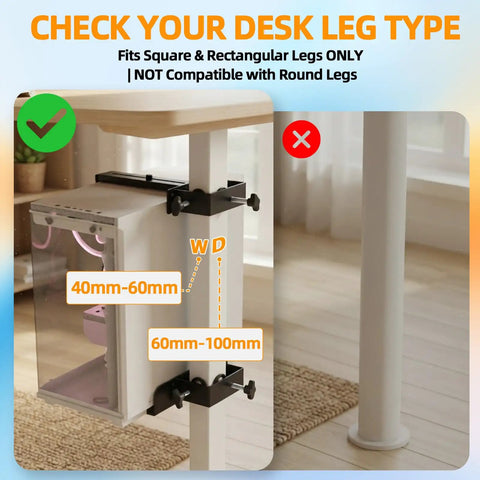 Heavy Duty Under Desk PC Mount No Drill Table Clamp showing compatibility with square legs, dimensions labeled for installation.
