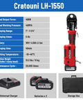 Professional 18V Cordless Pipe Crimping Tool With Four Interchangeable Jaws And A Smooth 180 Swivel Head showing specifications and included accessories.