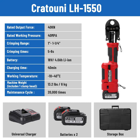 Professional 18V Cordless Pipe Crimping Tool With Four Interchangeable Jaws And A Smooth 180 Swivel Head showing specifications and included accessories.