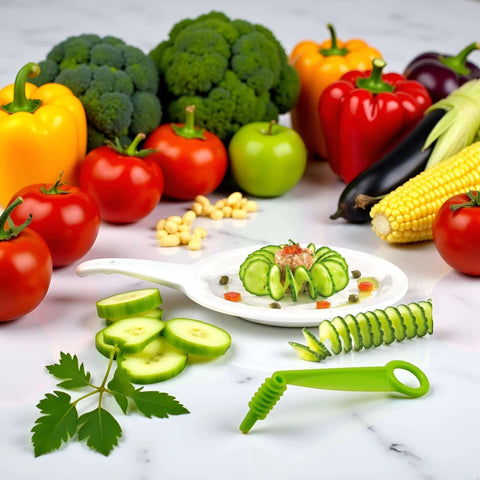 Green plastic spiral slicer with handle; cucumber spirals and sliced vegetables on a white plate