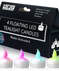 Color Changing Lumizu Water Activated LED Floating Candles Four Pack For Poolside Tables And Outdoor Ambiance Lit Multi Color Glow Battery Powered Flicker Without A Wick packaging and candles