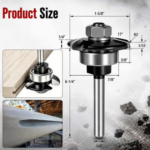 Built Dead Tough Carbide Tipped Router Bit Groove Cutter Made For Trex Composite Decking With Quarter Inch Shank Triple Wing Blade with dimensions.