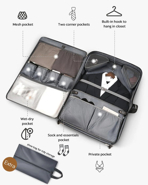 AUROTIER rolling garment bag open in gray with built-in hanging hook, multiple pockets, suit section, and laptop compartment.