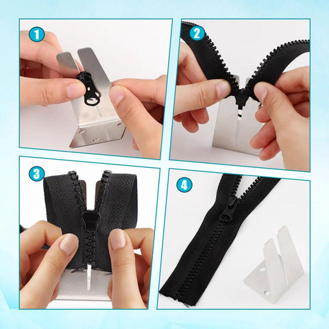 Hands demonstrating use of Zipper Jig Tools Set Pro Grade Stainless Steel Quick Zipper Pull Tool With Sliders And Installation Jig
