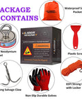 Double Sided Fishing Magnets 880 Lb Neodymium Magnet Kit with waterproof pocket, salvage claw, rope, gloves, scraper displayed.