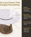 Built Tough 47 Inch Round Dining Table With White Sintered Stone Top And Legit Smooth Rotating Lazy Susan for easy sharing.