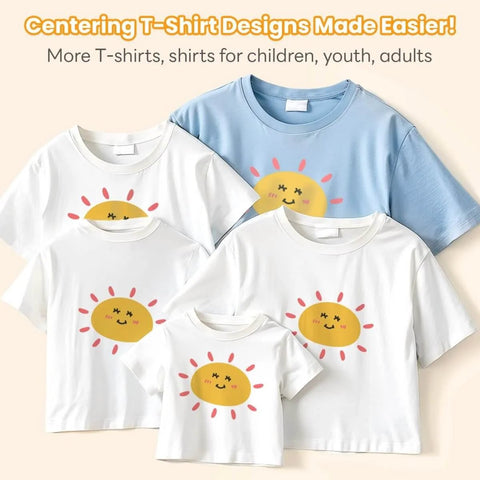 Extra Large 14x8 T Shirt Ruler For Vinyl Alignment, Transparent PVC Centering Guide For Heat Press And HTV Vinyl shown with sun design shirts
