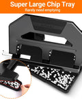 Heavy Duty 3 Hole Puncher With 40 Sheet Capacity, showing super large chip tray with paper holes, 50 Percent Less Effort Lever.