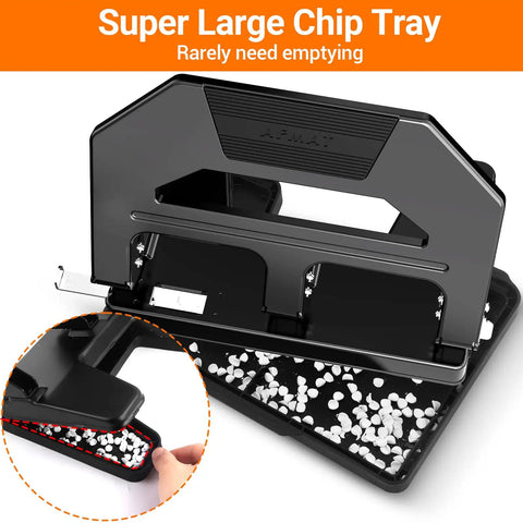 Heavy Duty 3 Hole Puncher With 40 Sheet Capacity, showing super large chip tray with paper holes, 50 Percent Less Effort Lever.