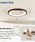 Monikessy Modern Black Ceiling Fan with Lights 20" Low Profile Ceiling Fan detailed size dimensions and specifications.