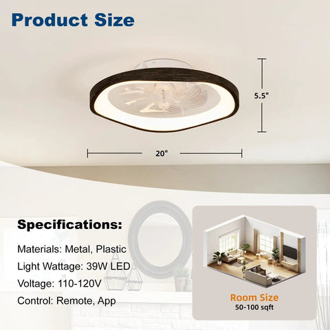 Monikessy Modern Black Ceiling Fan with Lights 20" Low Profile Ceiling Fan detailed size dimensions and specifications.