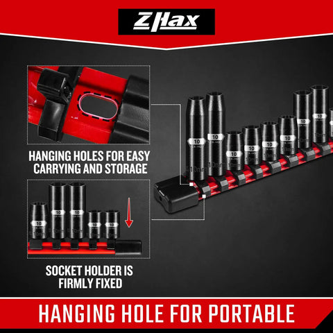 Beefy 10 Piece One Quarter And Three Eighth Inch Drive Impact Socket Set, 10mm displayed with red holder and hanging hole detail