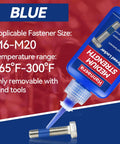 Side view of blue thread locker bottle applying liquid to a metal bolt and nut; fastener size M6–M20.