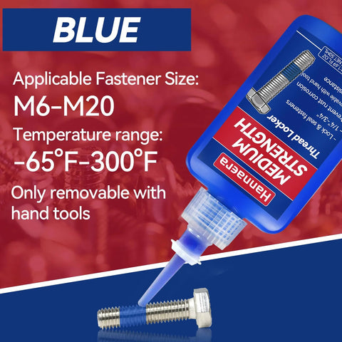 Side view of blue thread locker bottle applying liquid to a metal bolt and nut; fastener size M6–M20.