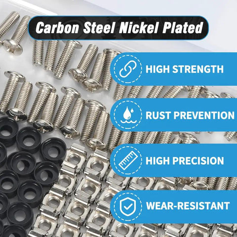 45 Pack Rack Mount Cage Nuts Kit with M6x20mm Screws and Black Nylon Washers showing nickel plated screws and washers.