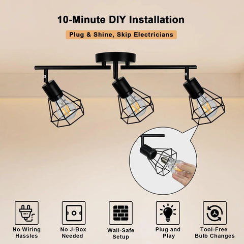 Plug In Track Lighting Kit With 3 Light Directional Ceiling Fixtures In Black Farmhouse Style shown with installation features.