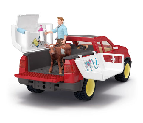Farm Vet Playset With 29 Piece Veterinarian Figures Truck Cow Figurine And Accessories Kid Friendly 3 Plus Realistic Vet Hospital Role Play On The Farm For Fun featuring red truck with cow and vet figure in the open truck bed.