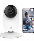 Two Pack Smart Home Camera System With 1080p WiFi Indoor Surveillance AI Human Detection Pet Monitor Two Way Audio Cloud Service Optional 24 Seven Emergency Response Works With Alexa And Google Assistant showing camera and smartphone interface