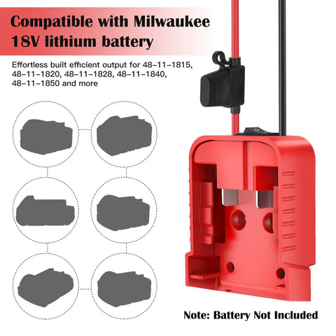 Two Pack 18V Battery Adapters compatible with Milwaukee 18V lithium battery, shown with built-in switch and fuse, 12AWG wire.