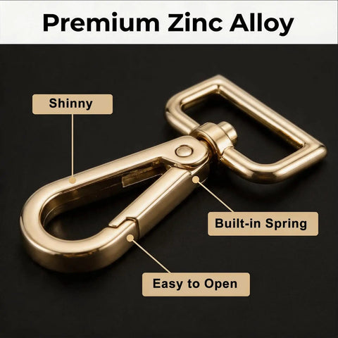 Heavy Duty Gold Zinc Alloy Swivel Lobster Clasps With Push Gate Snaphooks Built Tough for crafting, featuring built-in spring and shiny finish.