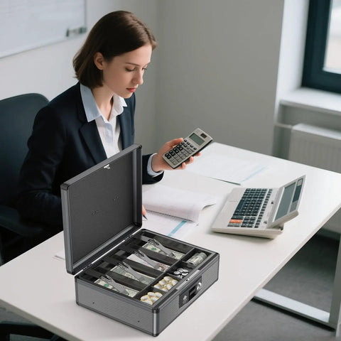 Locking Cash Box With Money Tray And Key For Grab And Go Security Portable Cash Safe Box shown on office desk