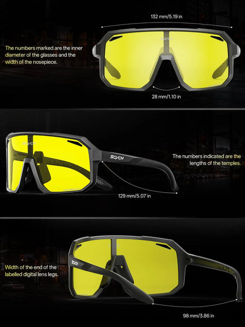 Night Vision Driving Glasses With Polarized Yellow Lenses Anti Glare For Safe Driving And Night Riding Cycling Running MTB Mountain Bike BMX Fishing Women And Men Ride Ready Sunglasses with dimension details