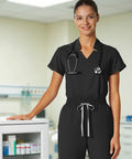 Women Slim Fit V Neck Mock Collar Scrub Top Soft Stretch Medical Uniform Nurse Shirt Super Comfy Hospital Workwear Fly Healthcare Day Shift Absolute Flex Classic in black worn by smiling nurse.