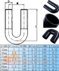 Diagram and images of 180 Degree U Bend Silicone Hose Coupler 1 Inch ID 4 Ply Reinforced, dimensions labeled, heat and vacuum resistant.