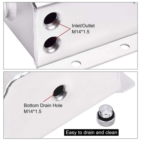 Heck Yes Solid Upgrade Aluminum Radiator Coolant Overflow Tank With Universal Recovery Reservoir showing M14 inlet and bottom drain hole.