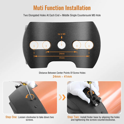 Universal Plug-and-Play Quick Release Finder Shoe Base for Telescope Finder Scope with dual slots and M5 screw fitting diagram